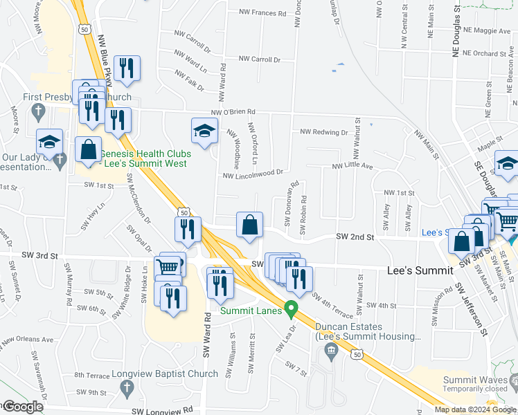map of restaurants, bars, coffee shops, grocery stores, and more near 129 Southwest Oxford Place in Lee's Summit