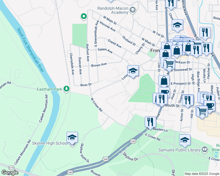 map of restaurants, bars, coffee shops, grocery stores, and more near 412 Luray Avenue in Front Royal