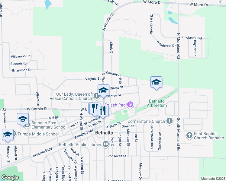map of restaurants, bars, coffee shops, grocery stores, and more near 707 Dugger Street in Bethalto