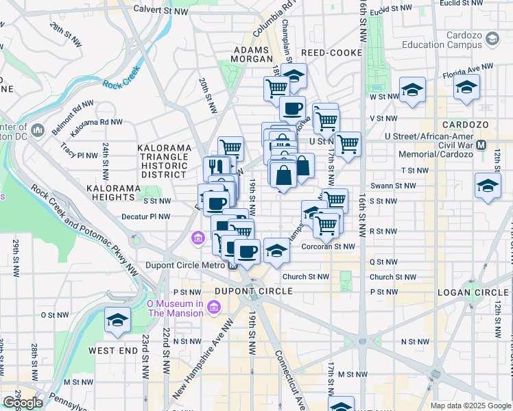 map of restaurants, bars, coffee shops, grocery stores, and more near 1739 19th Street Northwest in Washington
