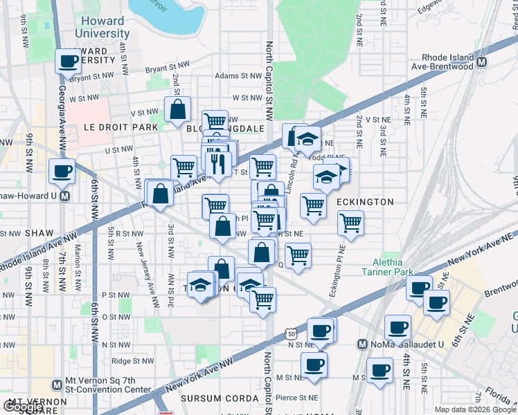 map of restaurants, bars, coffee shops, grocery stores, and more near 101 Independence Avenue Southeast in Washington