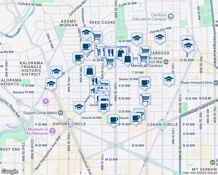 map of restaurants, bars, coffee shops, grocery stores, and more near 1618 S Street Northwest in Washington