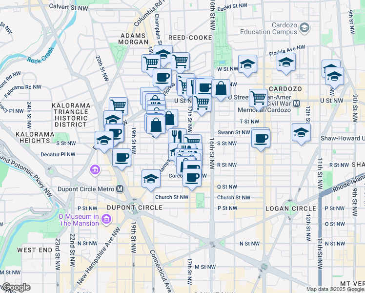 map of restaurants, bars, coffee shops, grocery stores, and more near 1751 New Hampshire Avenue Northwest in Washington