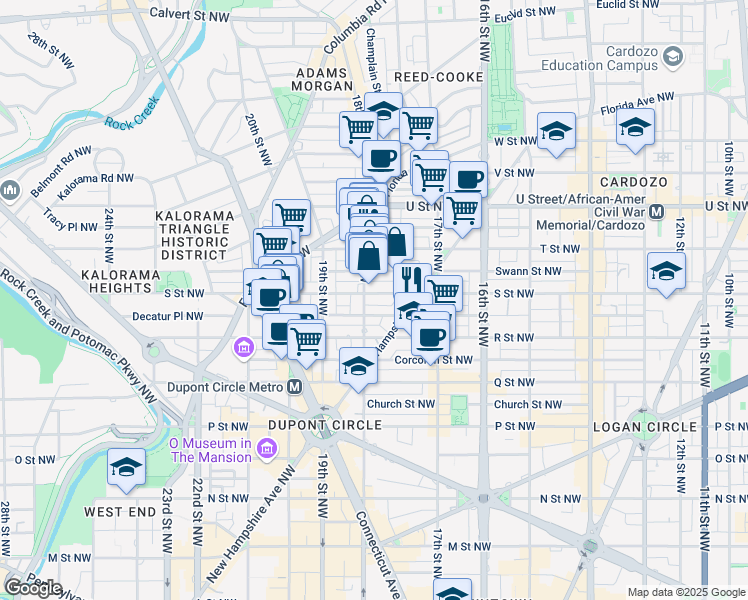 map of restaurants, bars, coffee shops, grocery stores, and more near 1754 South Street Northwest in Washington