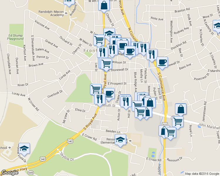 map of restaurants, bars, coffee shops, grocery stores, and more near 313 Pine Street in Front Royal