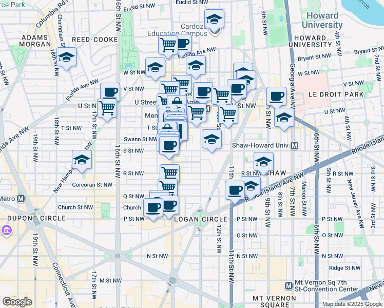 map of restaurants, bars, coffee shops, grocery stores, and more near 1314 S Street Northwest in Washington