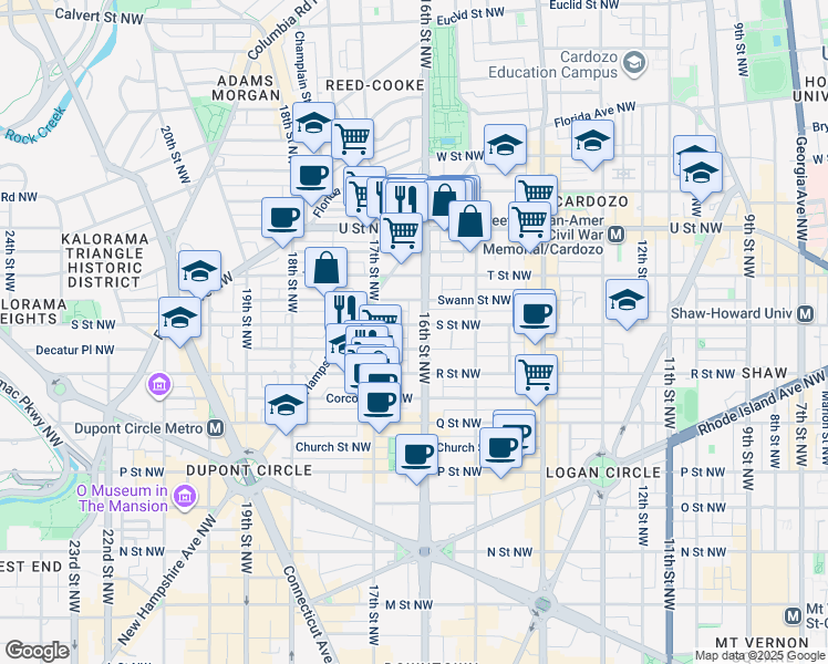 map of restaurants, bars, coffee shops, grocery stores, and more near 1750 16th Street Northwest in Washington