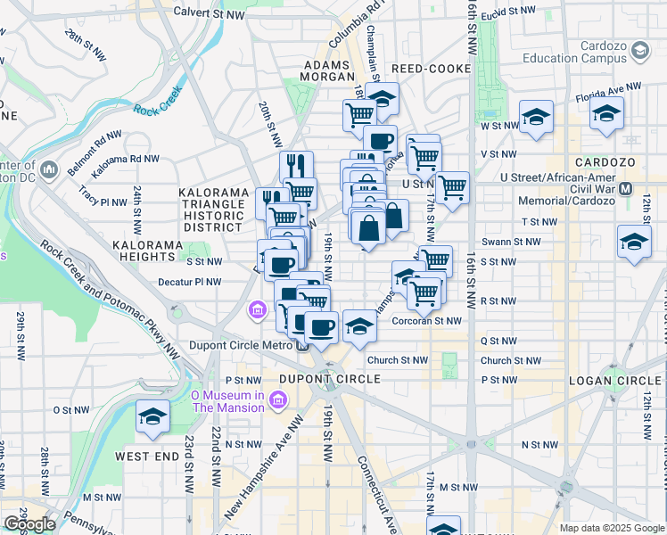 map of restaurants, bars, coffee shops, grocery stores, and more near 1739 19th Street Northwest in Washington