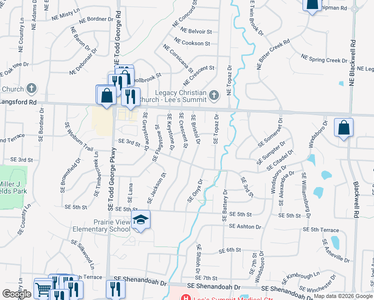 map of restaurants, bars, coffee shops, grocery stores, and more near 206 Southeast Crescent Street in Lee's Summit