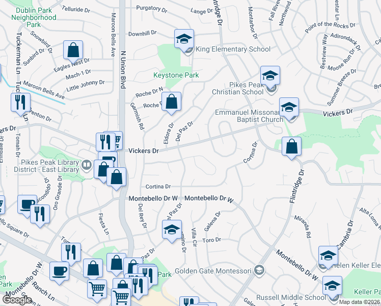 map of restaurants, bars, coffee shops, grocery stores, and more near 3155 Vickers Drive in Colorado Springs