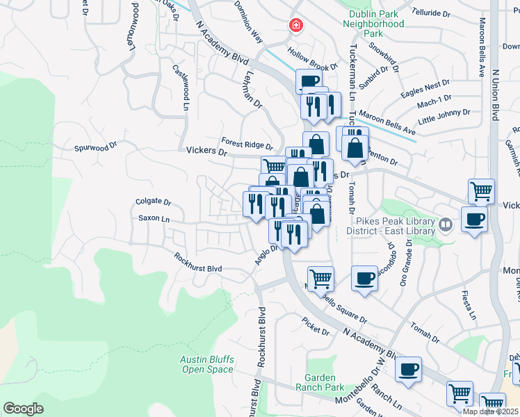 map of restaurants, bars, coffee shops, grocery stores, and more near 1985 Mittenwald Drive in Colorado Springs