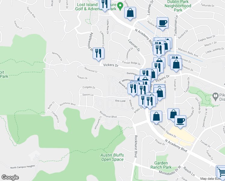 map of restaurants, bars, coffee shops, grocery stores, and more near 5702 Appalachian View in Colorado Springs