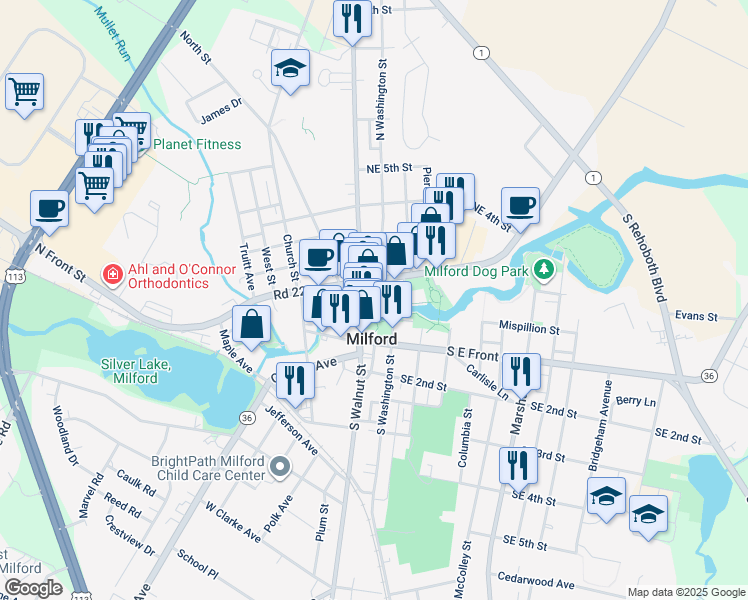 map of restaurants, bars, coffee shops, grocery stores, and more near 89 North Walnut Street in Milford