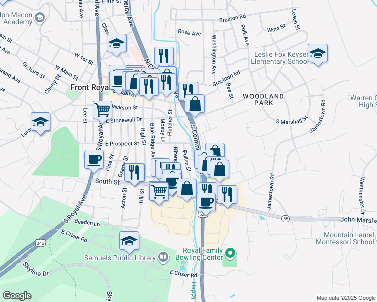 map of restaurants, bars, coffee shops, grocery stores, and more near 309 Front Street in Front Royal