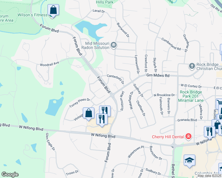 map of restaurants, bars, coffee shops, grocery stores, and more near 15 Lucerne Court in Columbia