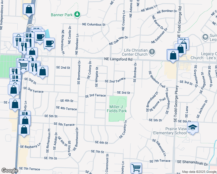map of restaurants, bars, coffee shops, grocery stores, and more near 1211 Southeast 2nd Terrace in Lee's Summit