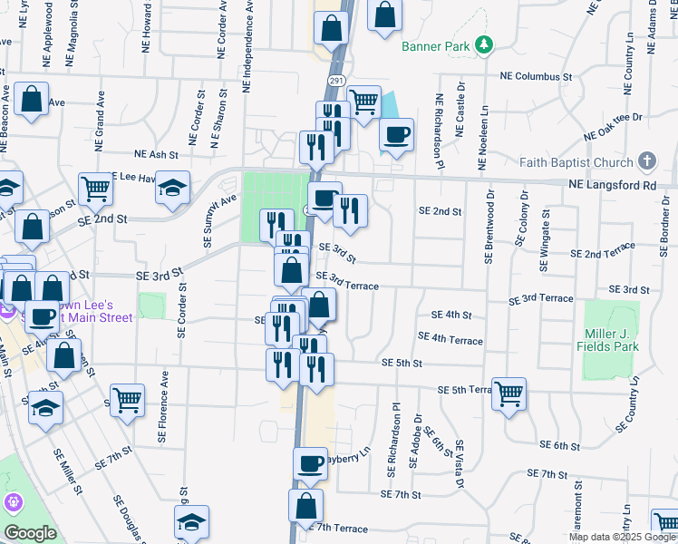 map of restaurants, bars, coffee shops, grocery stores, and more near 905 Southeast 3rd Street in Lee's Summit
