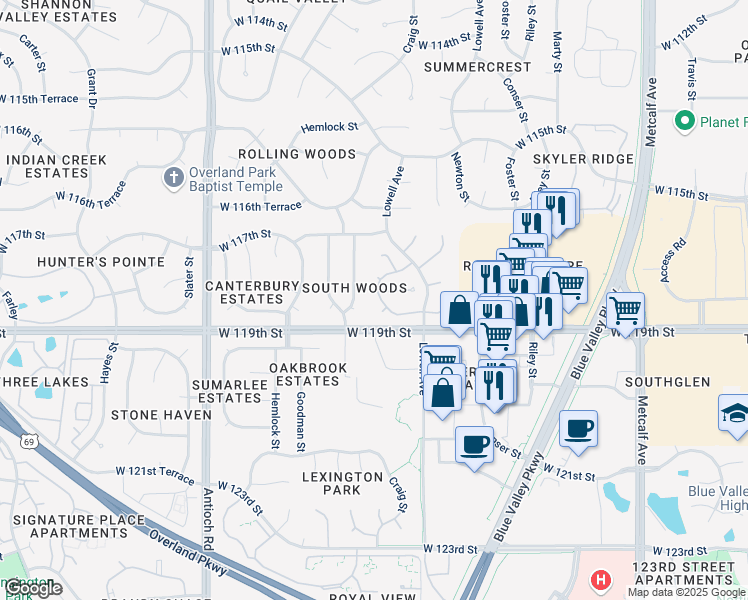 map of restaurants, bars, coffee shops, grocery stores, and more near 7921 West 118th Street in Overland Park