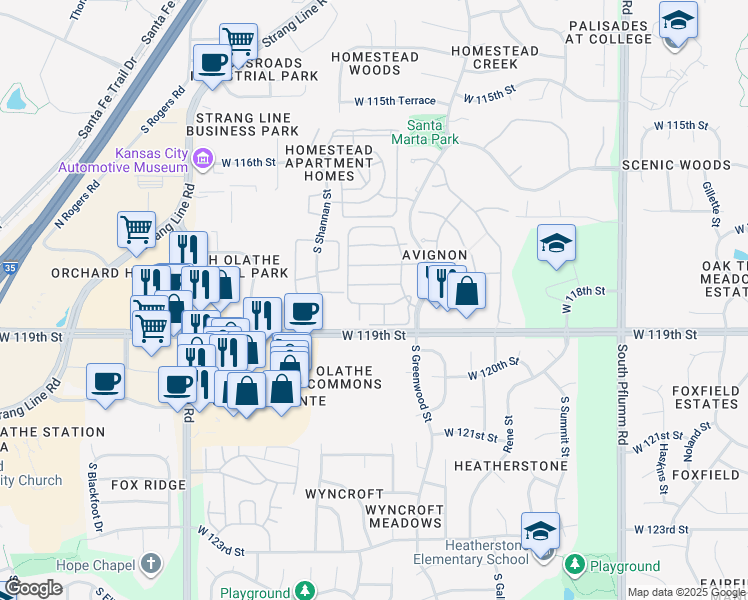 map of restaurants, bars, coffee shops, grocery stores, and more near 11820 South Greenwood Street in Olathe