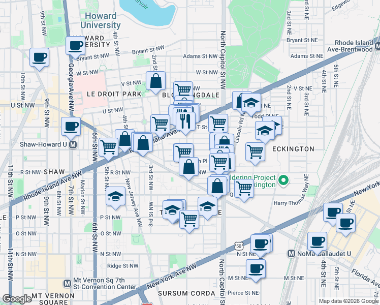 map of restaurants, bars, coffee shops, grocery stores, and more near 101 Independence Avenue Southeast in Washington