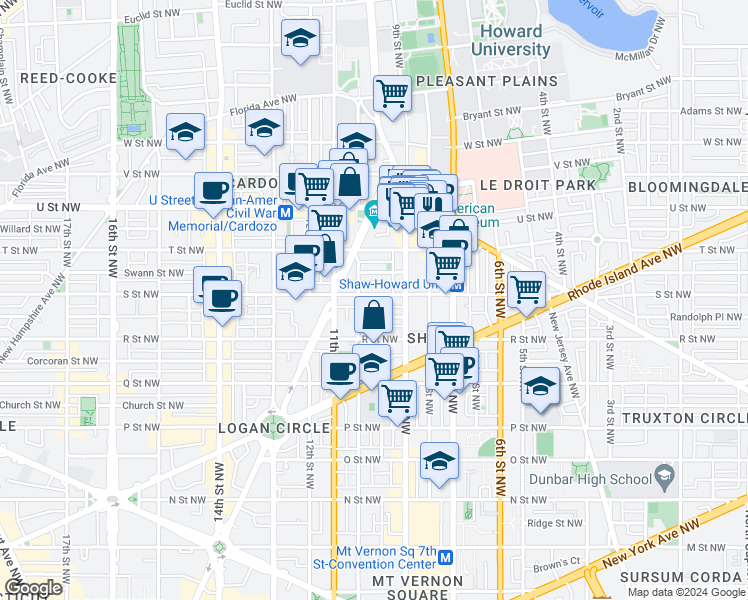 map of restaurants, bars, coffee shops, grocery stores, and more near 934 S Street Northwest in Washington