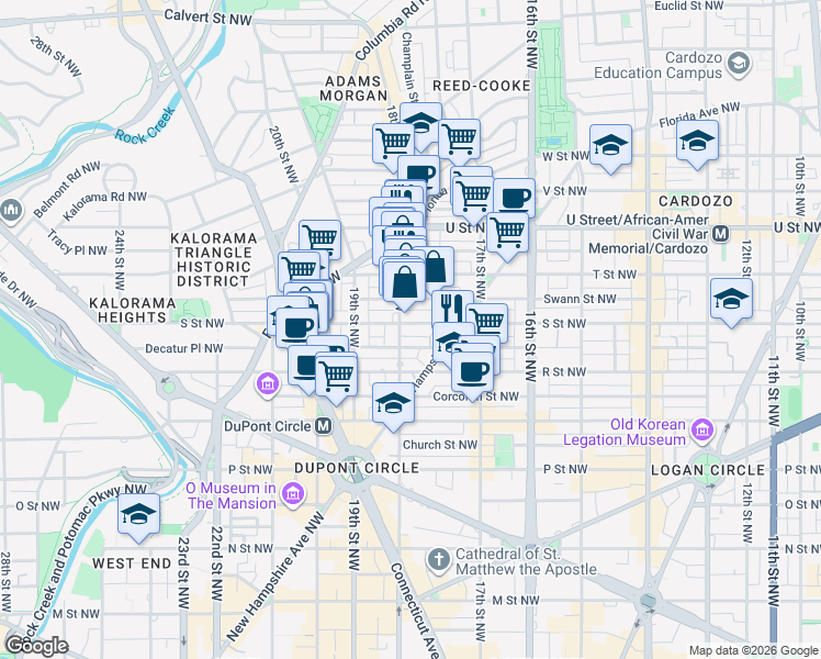map of restaurants, bars, coffee shops, grocery stores, and more near 1754 S Street Northwest in Washington