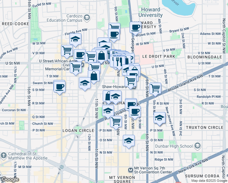 map of restaurants, bars, coffee shops, grocery stores, and more near 914 S Street Northwest in Washington