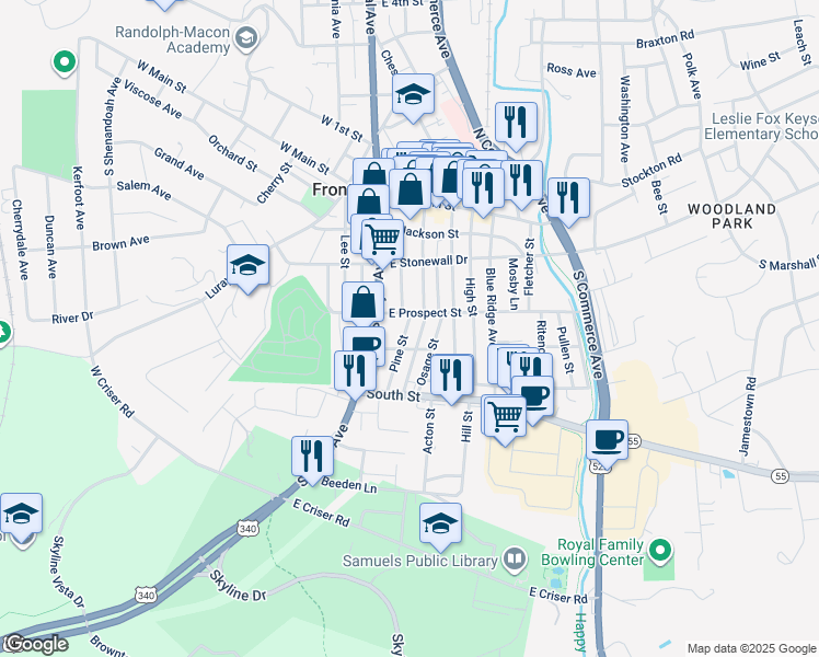 map of restaurants, bars, coffee shops, grocery stores, and more near 310 Pine Street in Front Royal