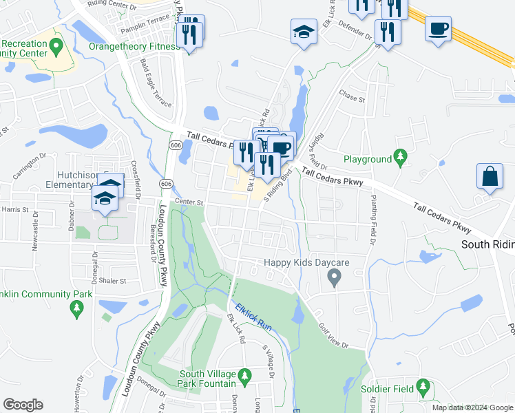 map of restaurants, bars, coffee shops, grocery stores, and more near 43086 Center Street in Chantilly
