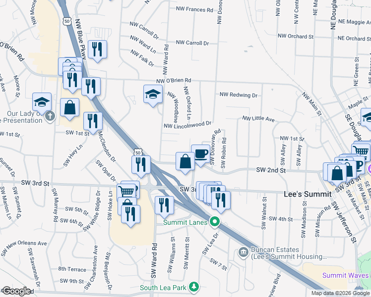 map of restaurants, bars, coffee shops, grocery stores, and more near 124 Southwest Oxford Place in Lee's Summit