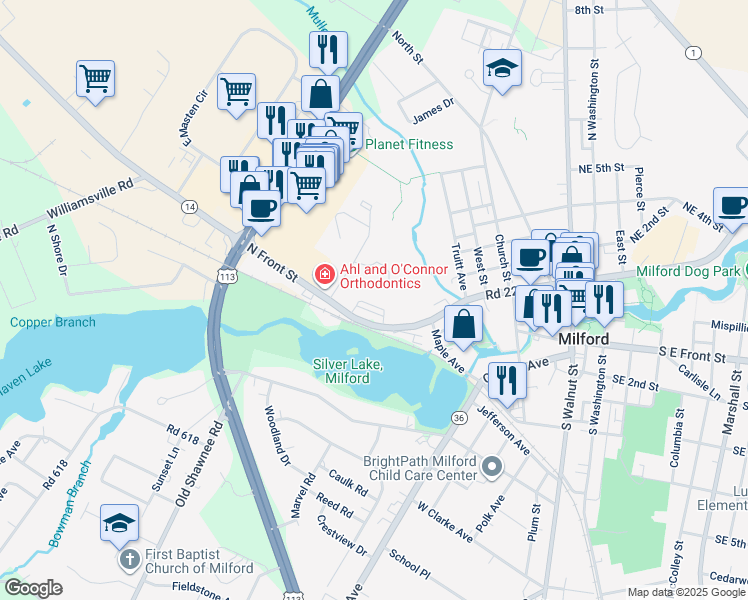 map of restaurants, bars, coffee shops, grocery stores, and more near 505 Northwest Front Street in Milford