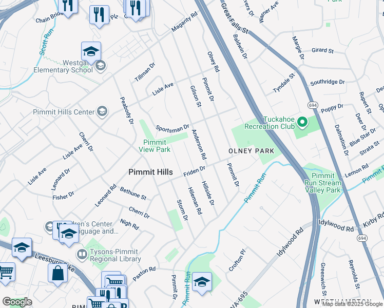 map of restaurants, bars, coffee shops, grocery stores, and more near 1909 Hillside Drive in Falls Church