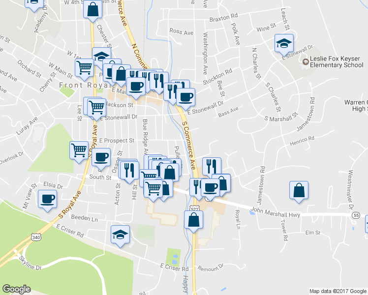 map of restaurants, bars, coffee shops, grocery stores, and more near 309 Front Street in Front Royal