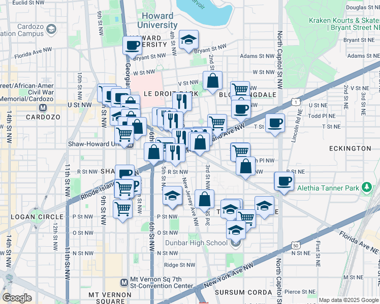 map of restaurants, bars, coffee shops, grocery stores, and more near 414 Florida Avenue Northwest in Washington