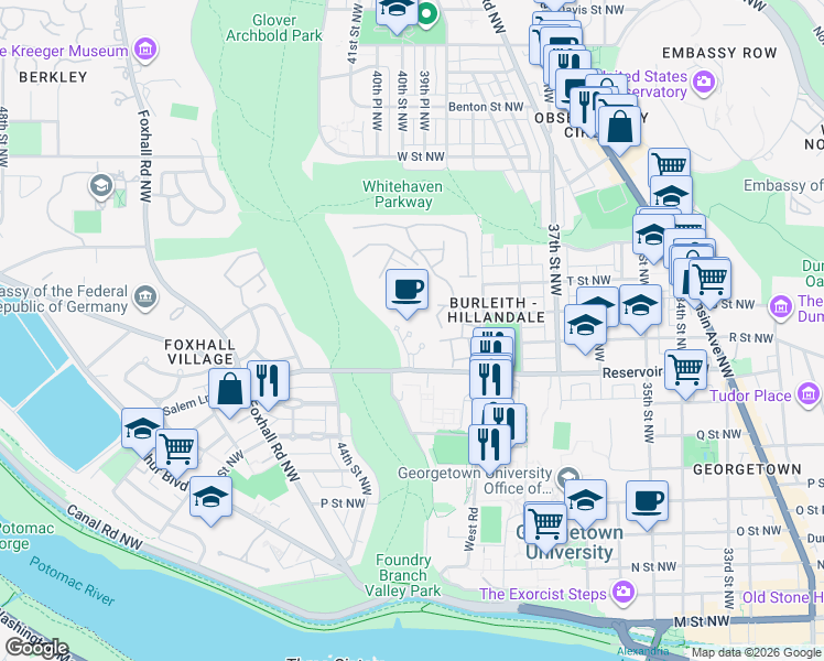 map of restaurants, bars, coffee shops, grocery stores, and more near 4101 Reservoir Road Northwest in Washington