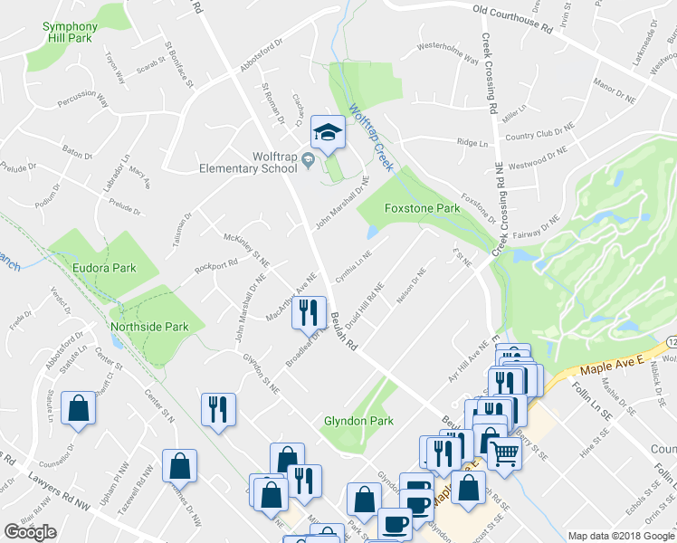 map of restaurants, bars, coffee shops, grocery stores, and more near 402 Cynthia Lane Northeast in Vienna