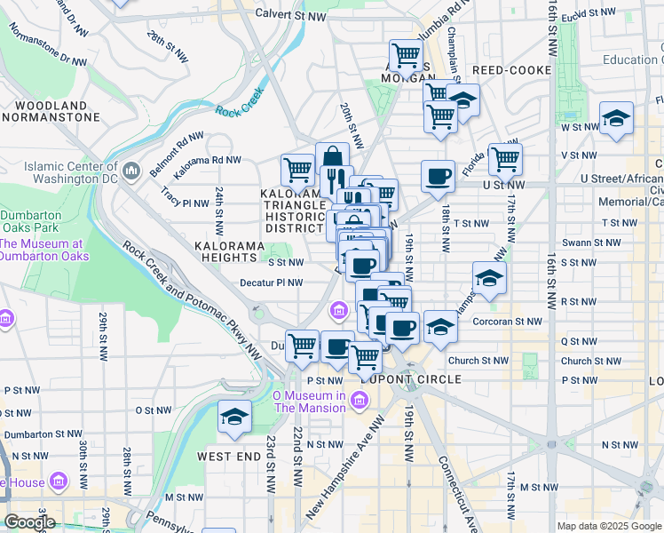 map of restaurants, bars, coffee shops, grocery stores, and more near 2110 S Street Northwest in Washington