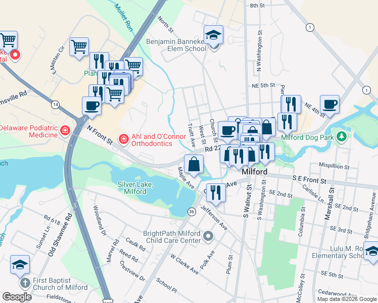 map of restaurants, bars, coffee shops, grocery stores, and more near 204 Silver Hill in Milford
