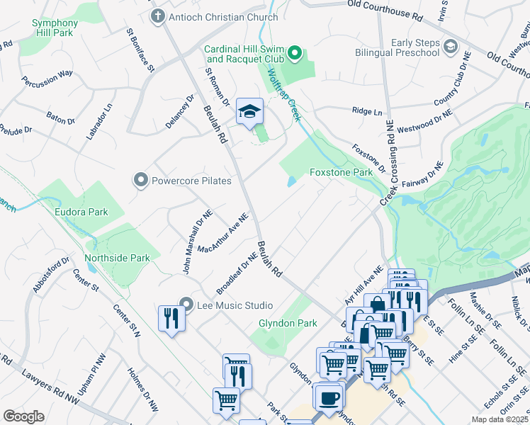 map of restaurants, bars, coffee shops, grocery stores, and more near 402 Cynthia Lane Northeast in Vienna