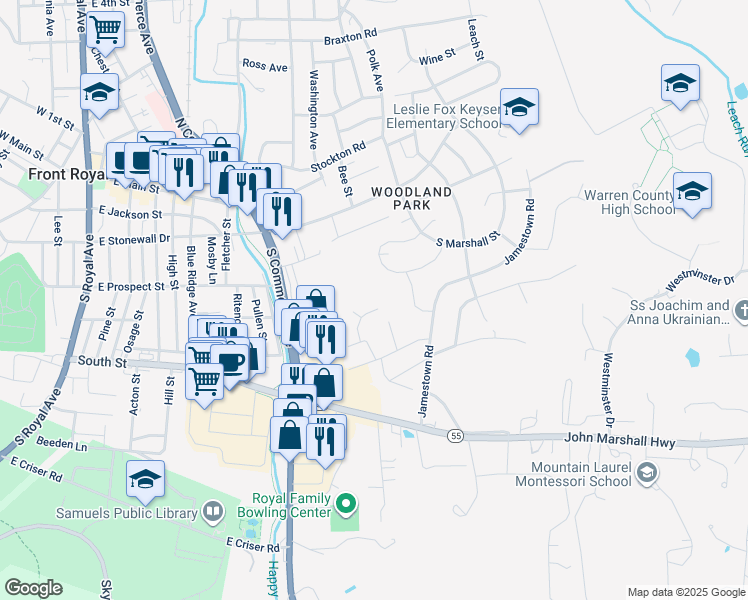 map of restaurants, bars, coffee shops, grocery stores, and more near in Front Royal