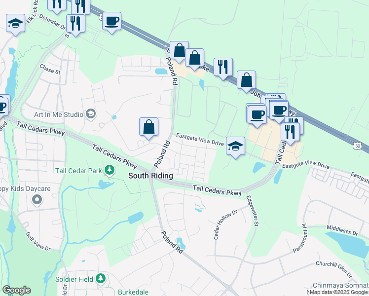 map of restaurants, bars, coffee shops, grocery stores, and more near 43569 White Cap Terrace in Chantilly