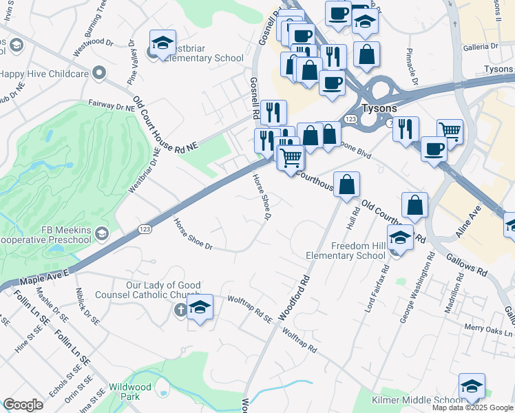 map of restaurants, bars, coffee shops, grocery stores, and more near 8503 Ashgrove Plantation Circle in Vienna