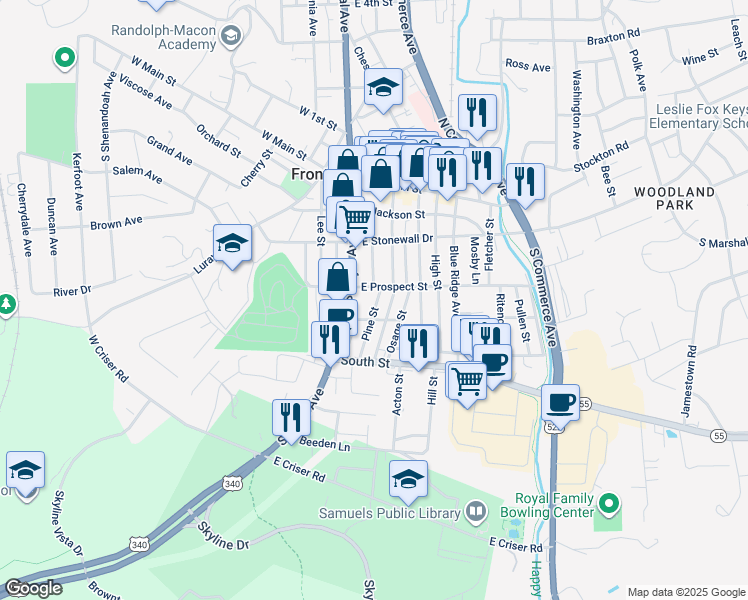 map of restaurants, bars, coffee shops, grocery stores, and more near 313 Pine Street in Front Royal