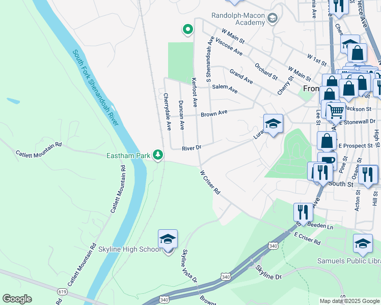 map of restaurants, bars, coffee shops, grocery stores, and more near 708 River Drive in Front Royal
