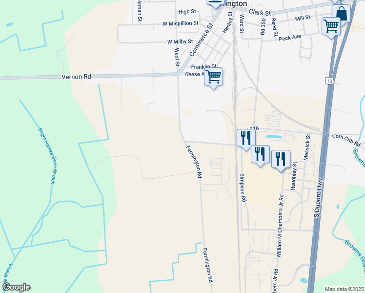 map of restaurants, bars, coffee shops, grocery stores, and more near 3199 Farmington Road in Harrington