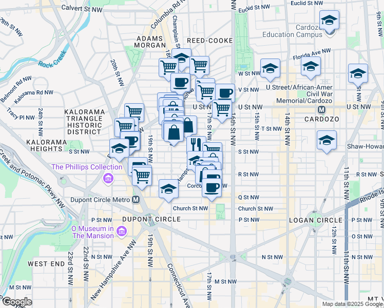 map of restaurants, bars, coffee shops, grocery stores, and more near 1720 S Street Northwest in Washington