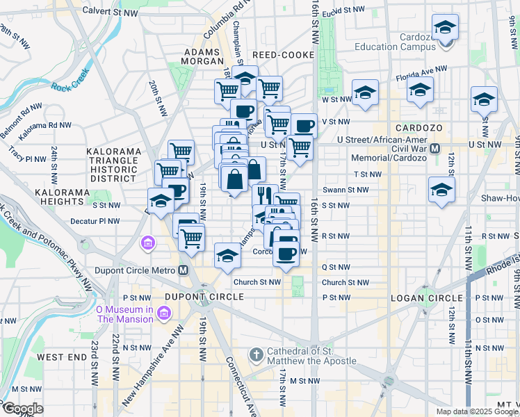 map of restaurants, bars, coffee shops, grocery stores, and more near 1720 S Street Northwest in Washington