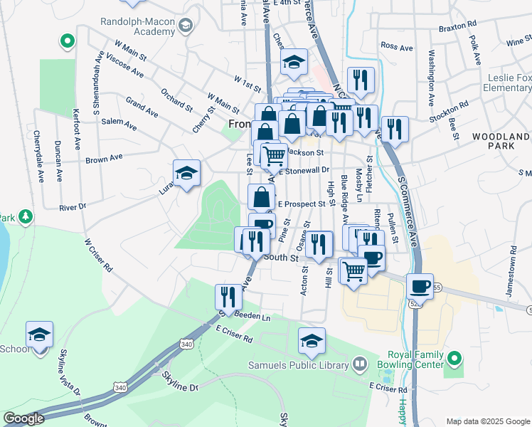 map of restaurants, bars, coffee shops, grocery stores, and more near 313 South Royal Avenue in Front Royal