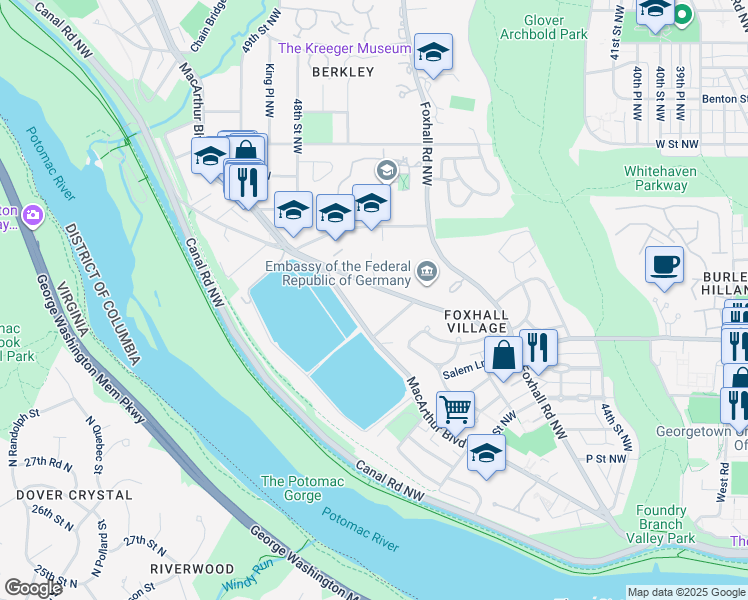 map of restaurants, bars, coffee shops, grocery stores, and more near 4712 Reservoir Road Northwest in Washington
