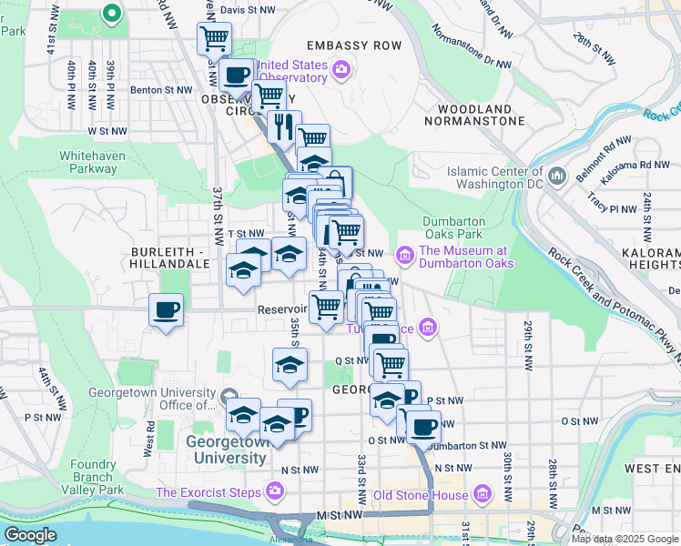 map of restaurants, bars, coffee shops, grocery stores, and more near 1700 Wisconsin Avenue Northwest in Washington